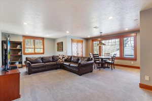 Living room featuring light colored carpet, a textured ceiling, healthy amount of natural light, and recessed lighting