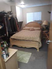 Bedroom featuring dark carpet