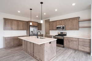 Kitchen with stainless steel appliances, a center island with sink, light wood-style flooring, and decorative light fixtures