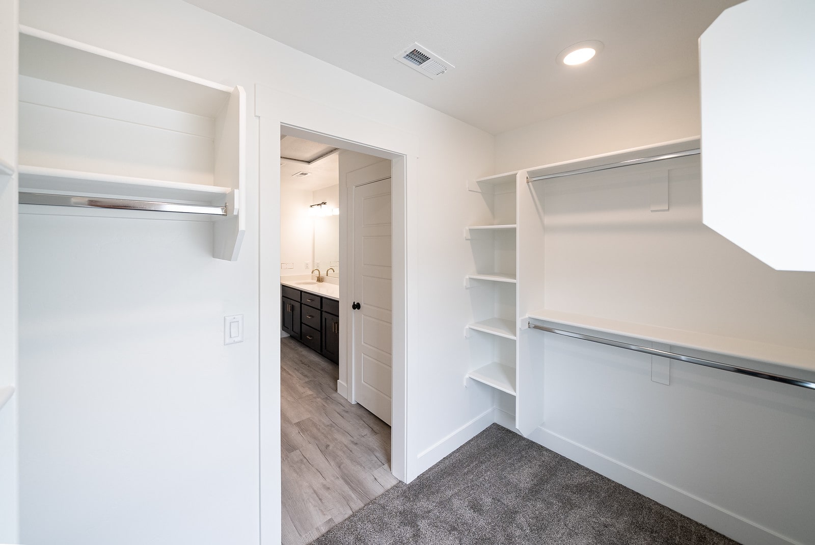 Walk in closet with light carpet