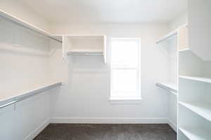 Walk in closet featuring dark carpet