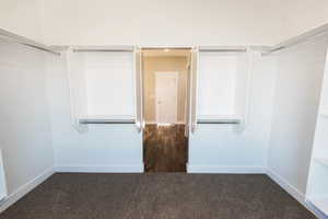 Walk in closet with dark colored carpet