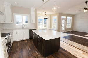 Two tone kitchen with stainless steel appliances, dark wood-style flooring, a center island, plenty of natural light, and two tone color scheme