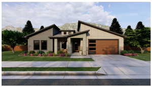 Contemporary house featuring an attached garage, driveway, and stone siding
