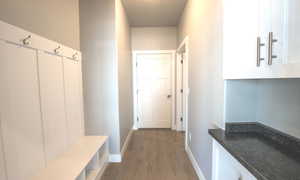 Mudroom with baseboards and dark wood-style floors