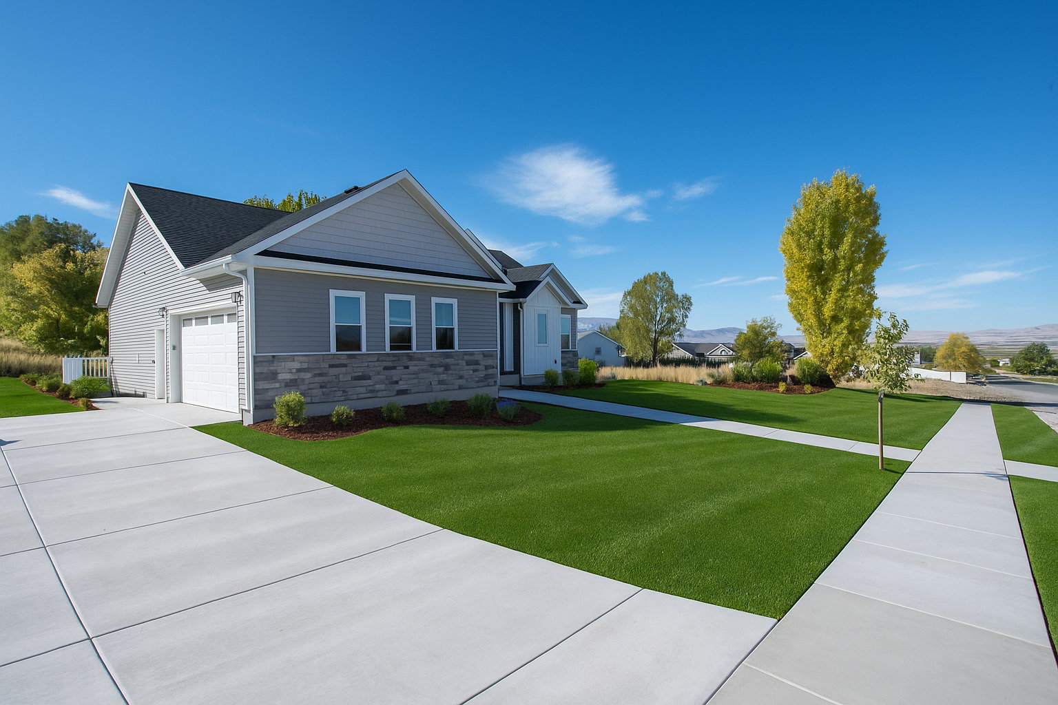View of front of house with a front lawn, stone siding, a garage, and driveway