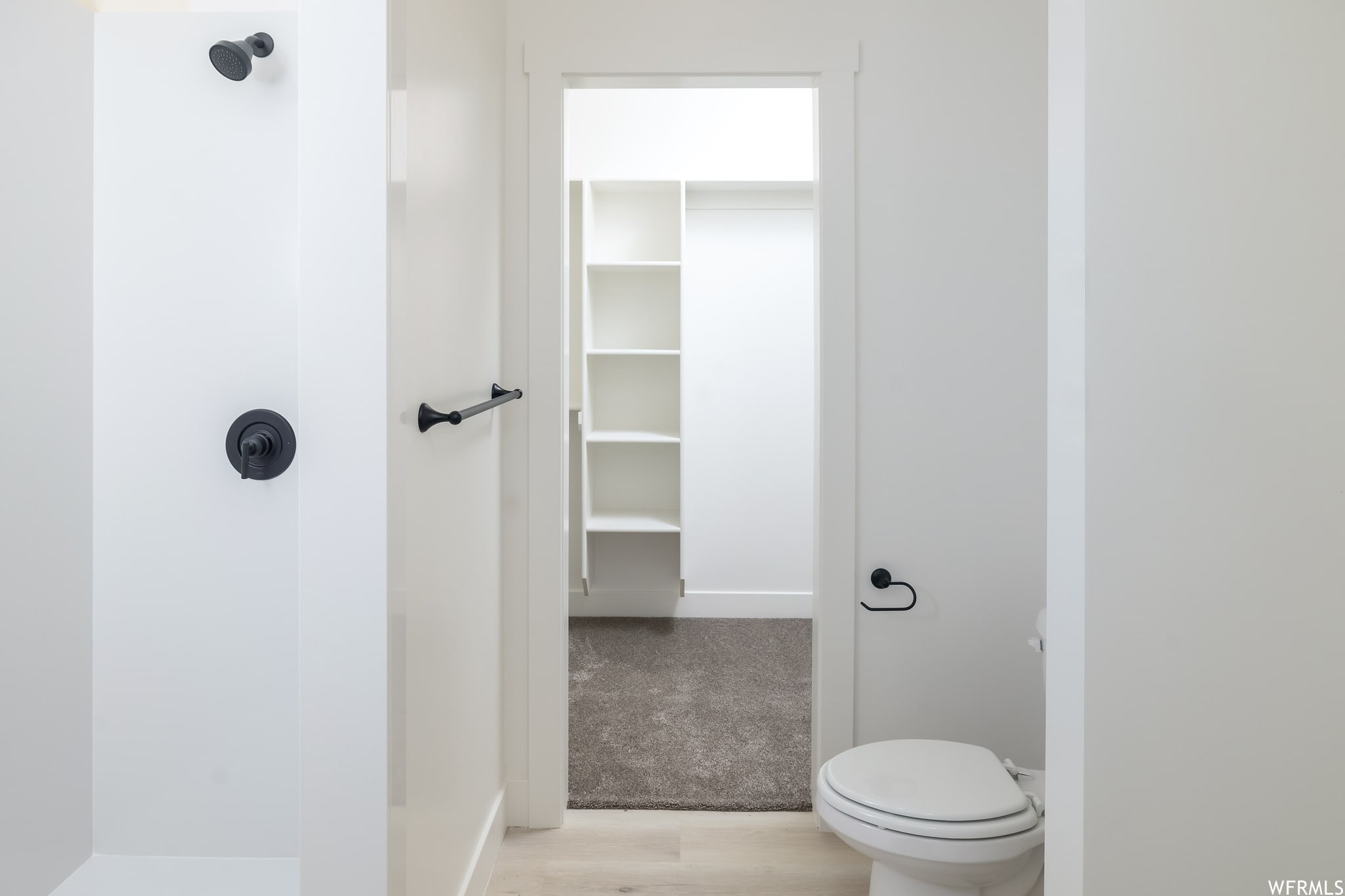 Full bathroom featuring a walk in shower, light wood-type flooring, a walk in closet, and light colored carpet