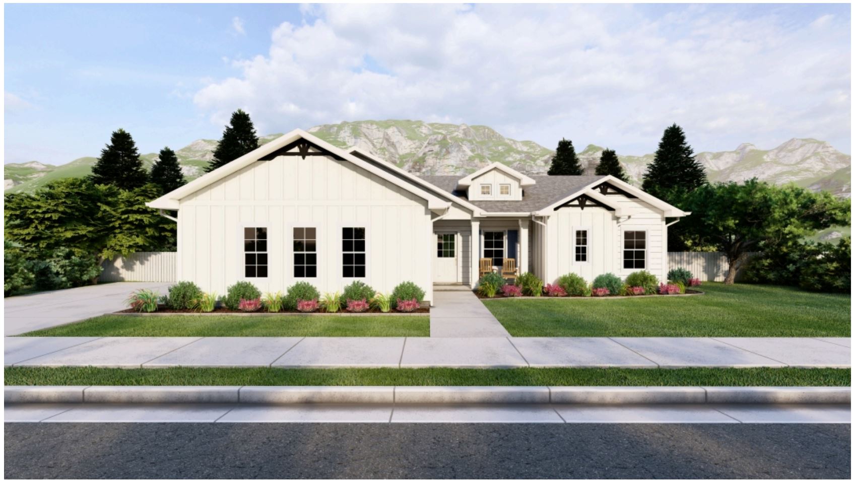Modern inspired farmhouse featuring board and batten siding and a mountain view