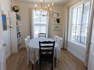 Dining space with light wood-style floors and hanging lights. * Decor in this room may change upon showing. Can be used as an office.