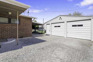 View of large detached garage
