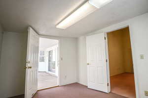Spare room with light carpet and a textured ceiling