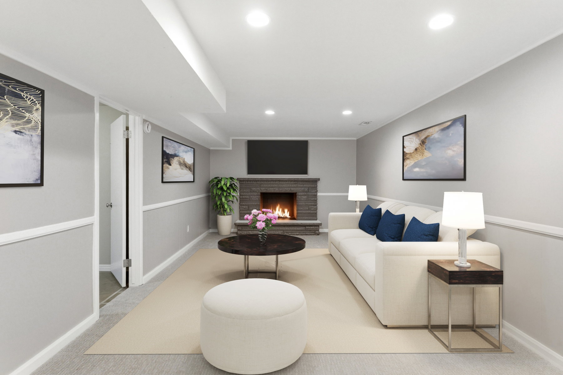 Living area featuring a fireplace, light colored carpet, and recessed lighting