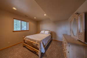 Bedroom featuring recessed lighting and dark carpet