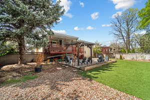 Rear view of house with a fenced backyard and a deck