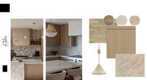 Kitchen featuring a breakfast bar, hanging light fixtures, light stone counters, and backsplash