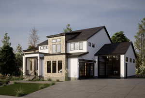 Contemporary house featuring stone siding, a standing seam roof, driveway, and stucco siding