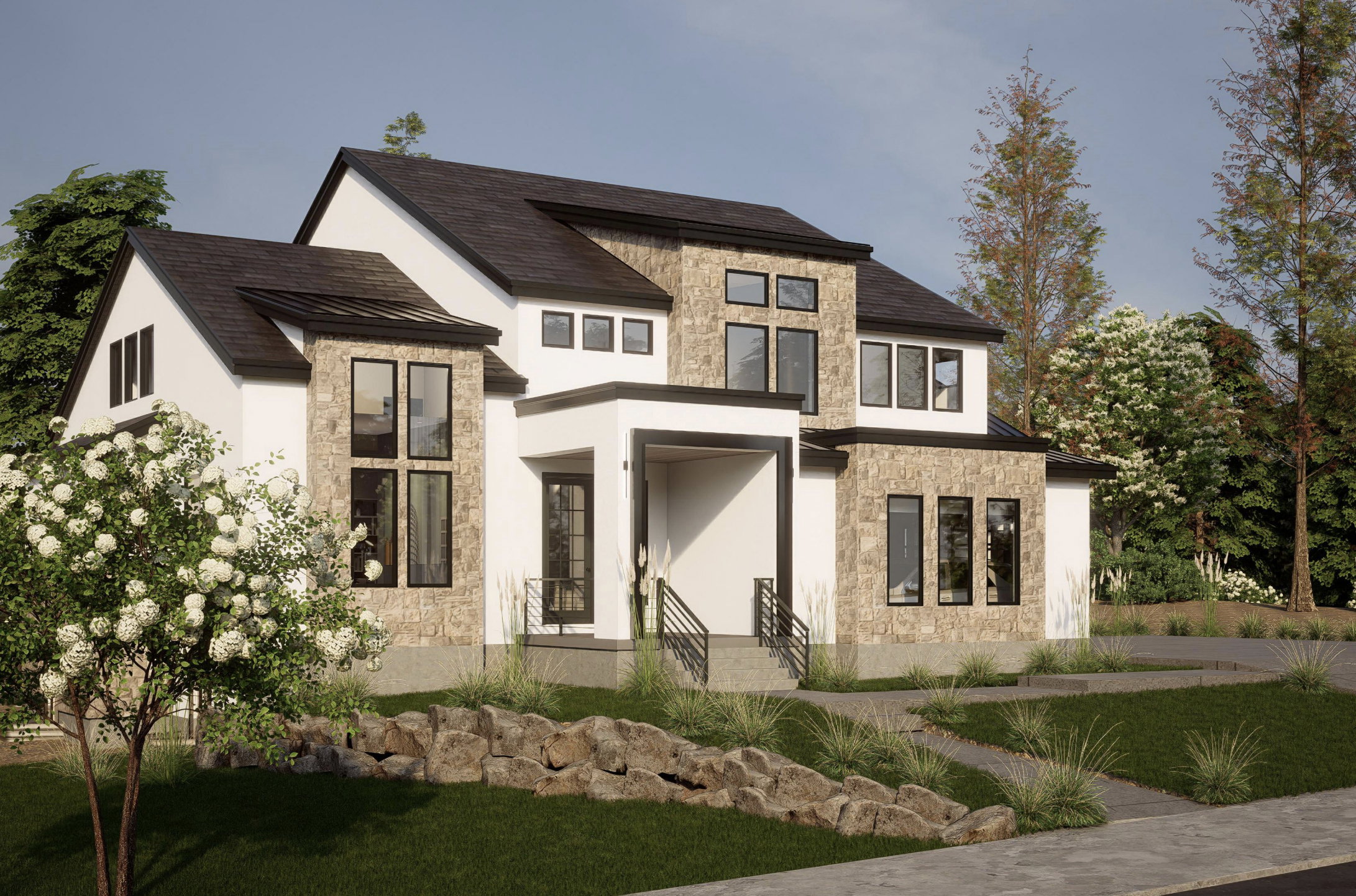 Contemporary house with stone siding, stucco siding, and a front yard