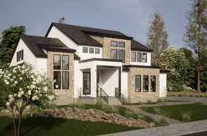 Contemporary house with stone siding, stucco siding, and a front yard