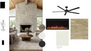 Living room featuring a fireplace, a high wood beamed ceiling, wood finished floors, and a ceiling fan