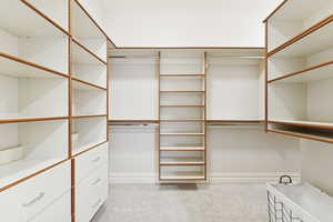 Walk in closet featuring light carpet