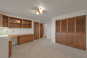 Unfurnished office with light colored carpet, built in study area, and a textured ceiling