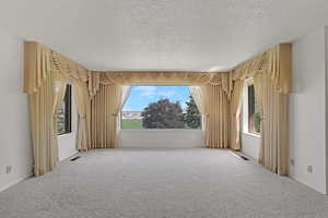 Carpeted empty room featuring a textured ceiling