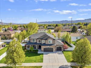 Aerial view of residential area with a mountain backdrop