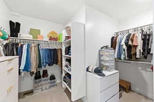 Walk in closet with light colored carpet