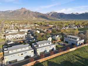 Aerial view of residential area with a mountain backdrop