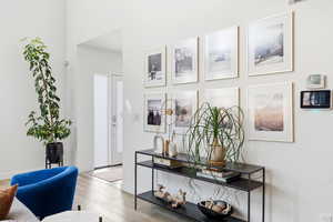 Foyer entrance with light wood-style floors