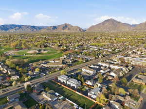 Aerial perspective of suburban area with mountains