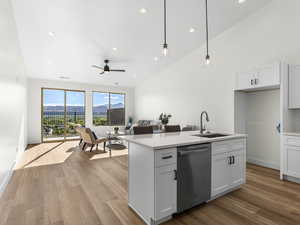 Kitchen featuring open floor plan, dishwasher, dark wood-style floors, a mountain view, and white cabinets