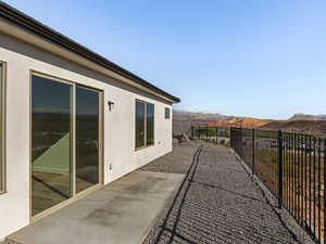 View of patio with a mountain view