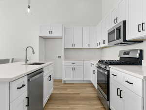 Kitchen featuring stainless steel appliances, white cabinets, light wood finished floors, and a center island with sink