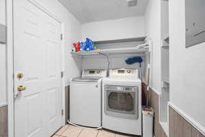 Laundry room with independent washer and dryer, light tile patterned floors, and electric panel