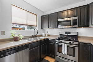 Kitchen with stainless steel appliances, dark wood finish cabinetry, light countertops, and light wood-style flooring