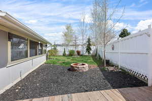 Fenced backyard featuring a fire pit and a sunroom