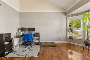 Family rom featuring vaulted ceiling, ornamental molding, and wood-type flooring