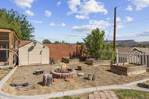 Fenced backyard featuring a shed