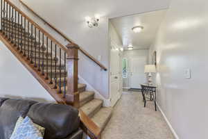 Stairs with carpet and baseboards