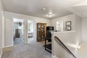 Office with light carpet and baseboards