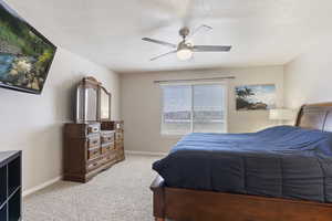 Bedroom featuring light colored carpet, ceiling fan, and a textured ceiling