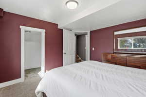Bedroom featuring carpet floors and a walk in closet
