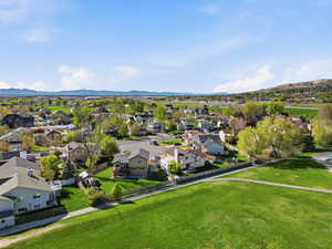 Aerial view of residential area with a mountain backdrop