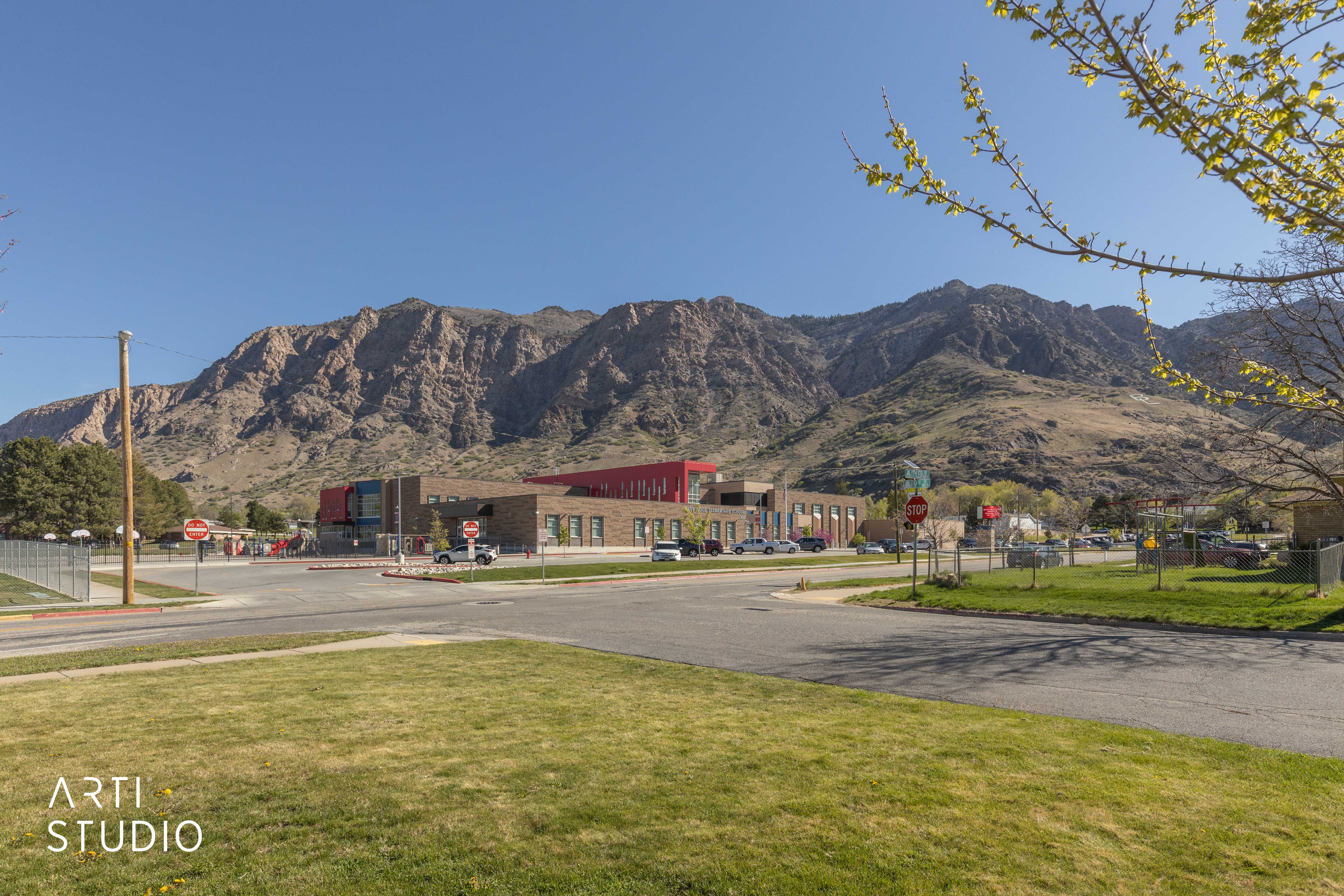 View of nearby school and mountain background