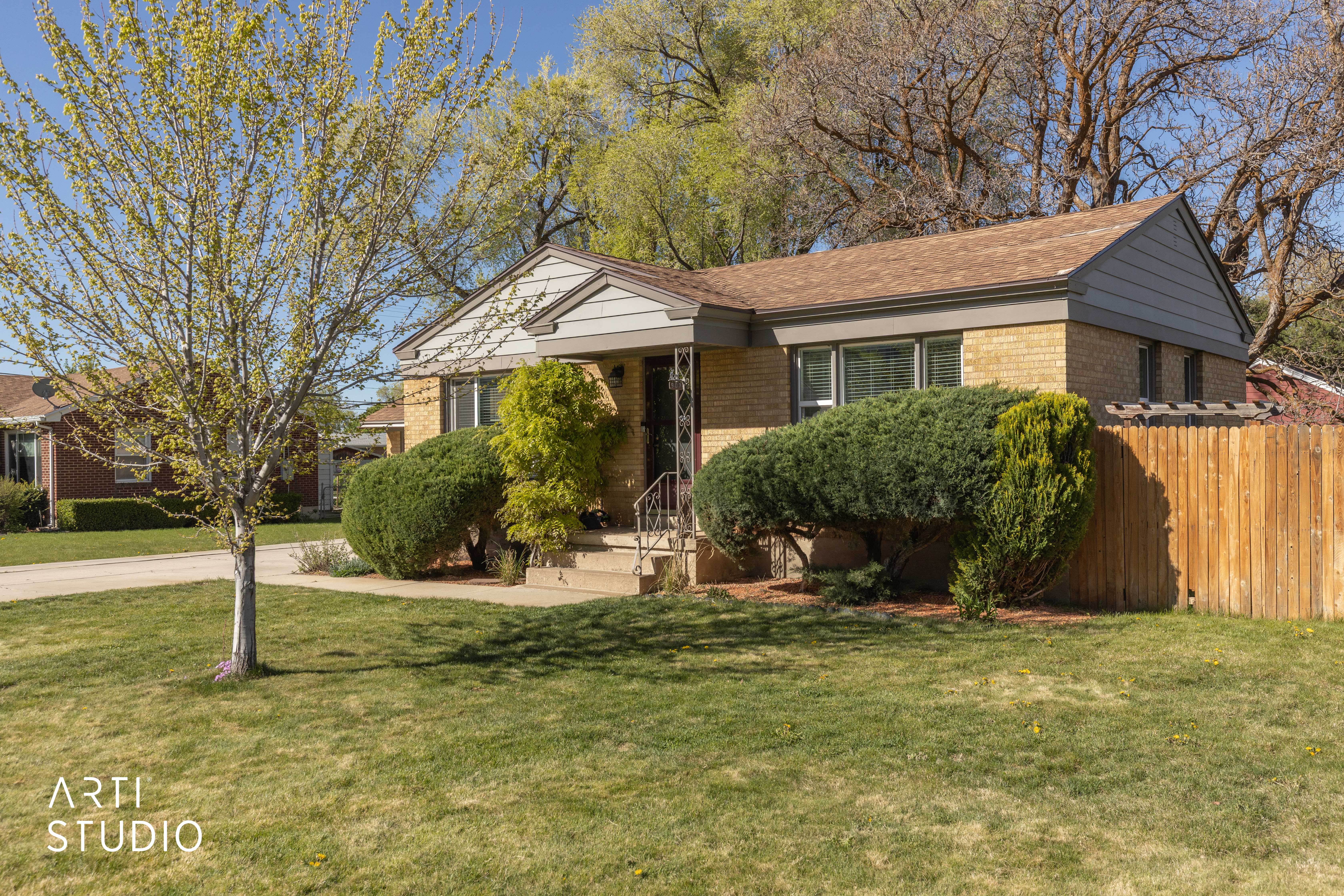 View of front of home showing front walk and yard