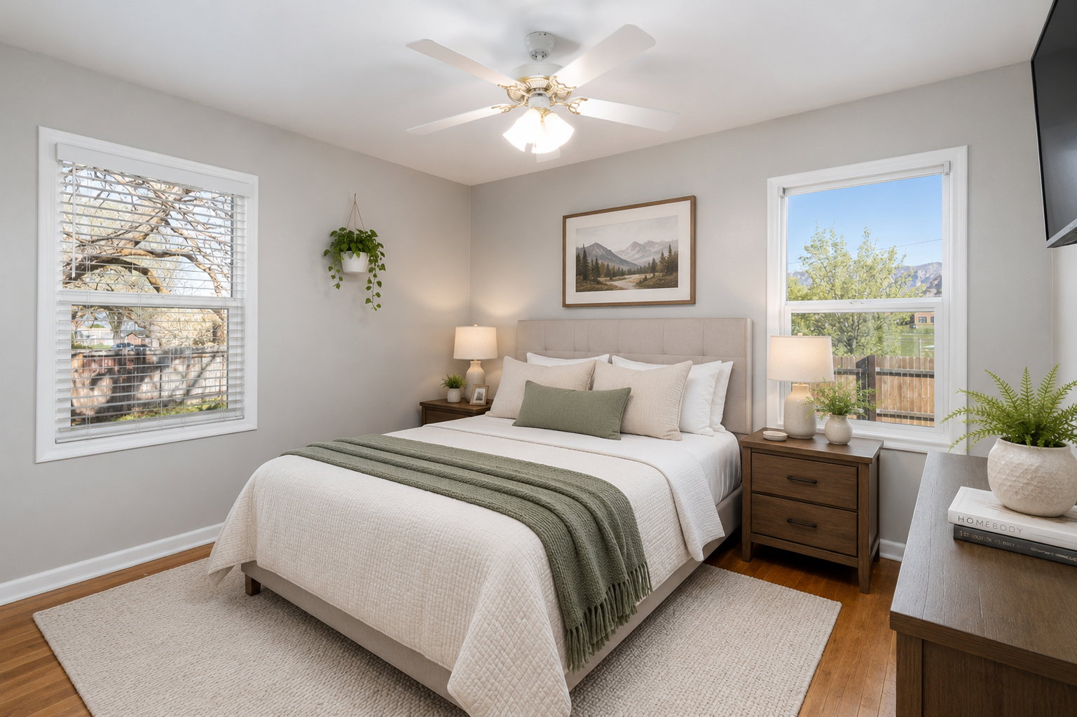 Virtual staging showing current office area set up as second upstairs bedroom.