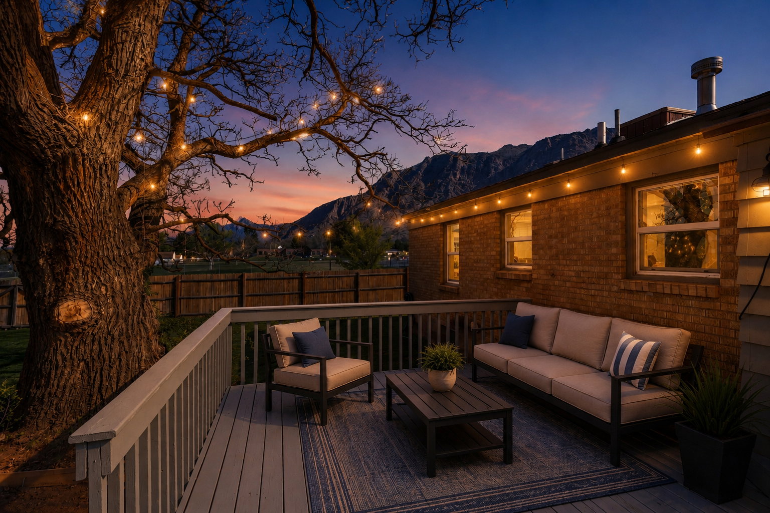 Deck on west side of home, virtually staged showing twilight set up