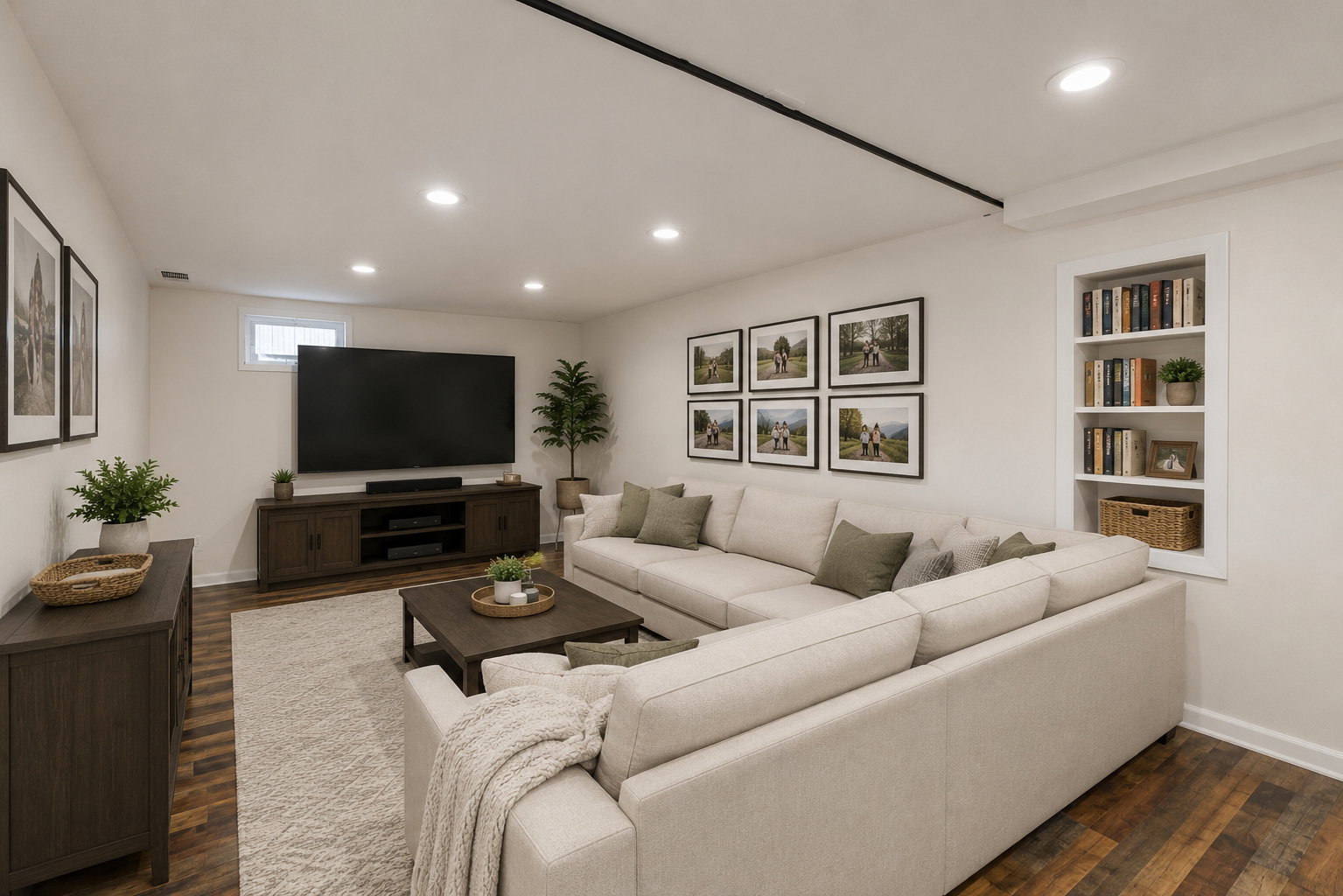Virtual staging showing potential configuration of downstairs family room.
