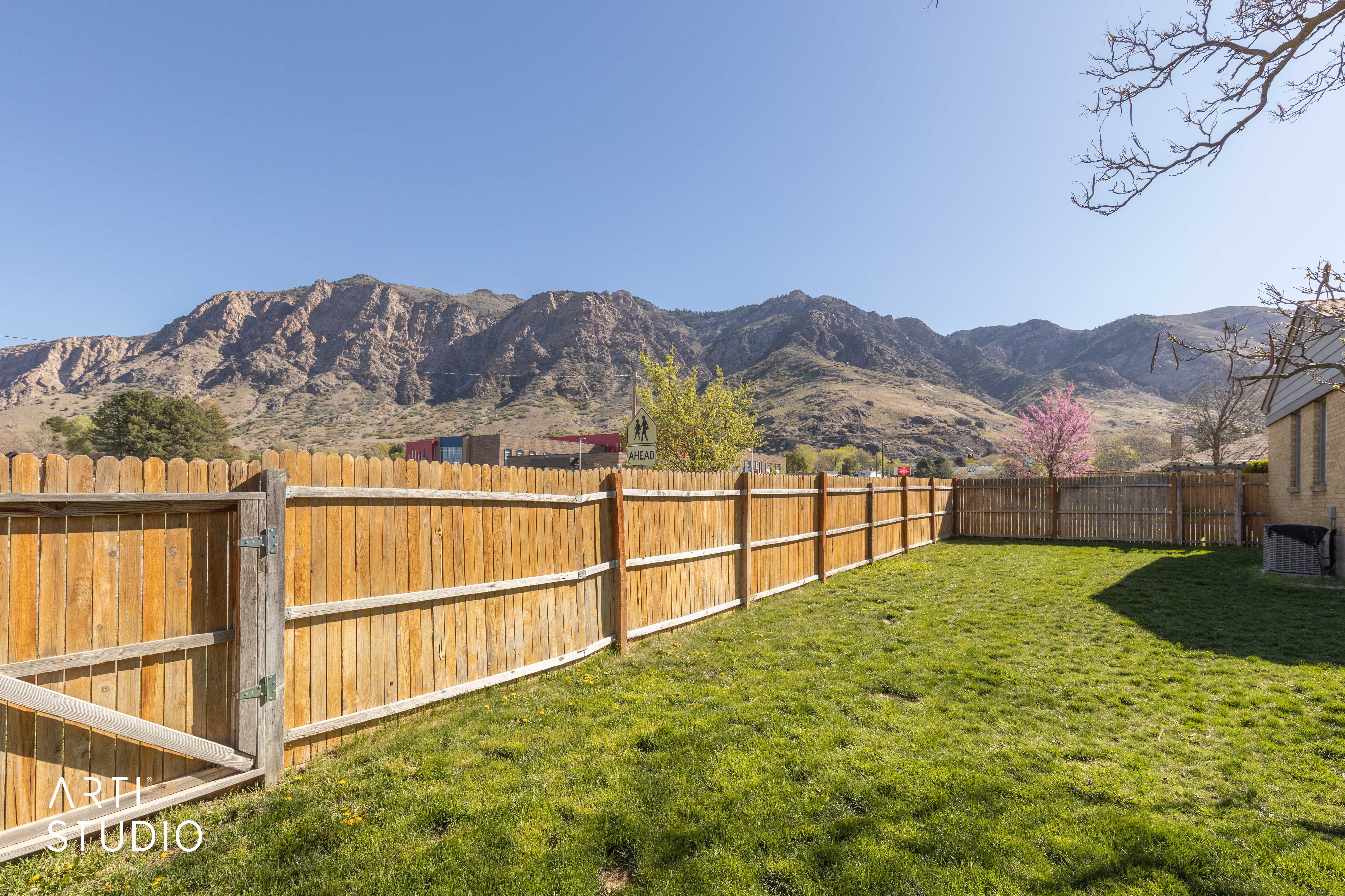 Fenced backyard with a mountain view